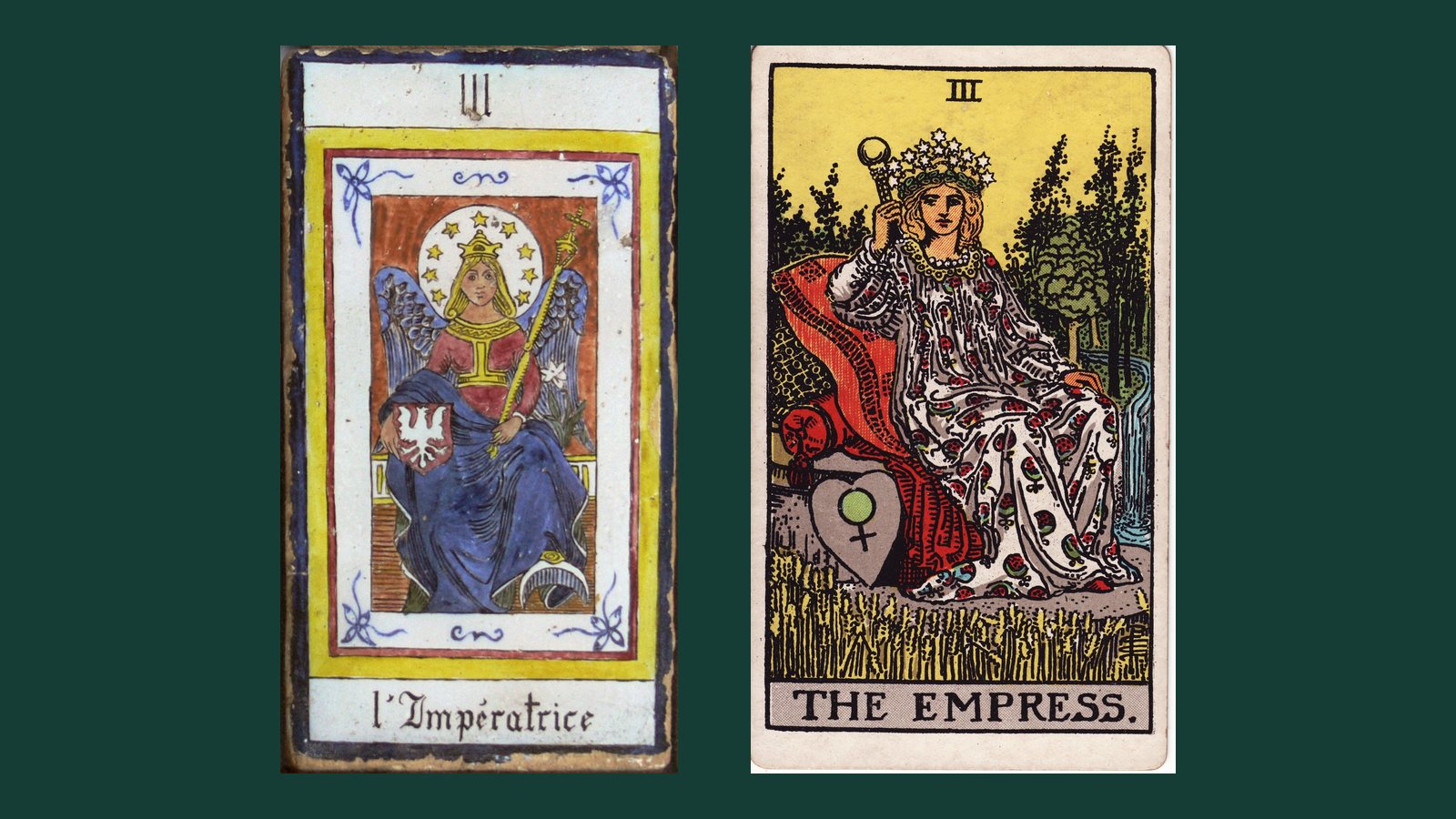 Duas versões da carta III, A Imperatriz: uma de um Tarô de Marselha antigo, com escudo de águia, e a do Rider-Waite-Smith, com o símbolo de Vênus