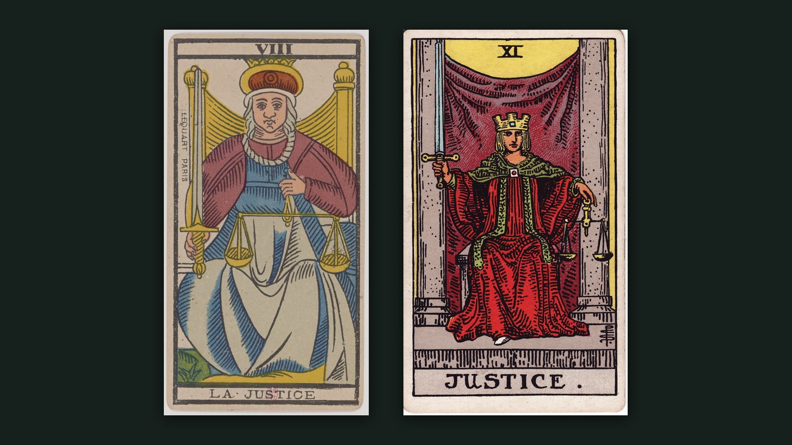 Duas versões históricas da carta da Justiça lado a lado: a VIII de um Tarô de Marselha parisiense e a XI do Rider-Waite-Smith