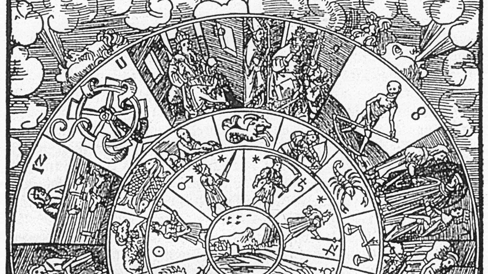Gravura de 1515 de Erhard Schön com a roda das doze casas astrológicas, cada uma ilustrada por uma cena, em torno do zodíaco