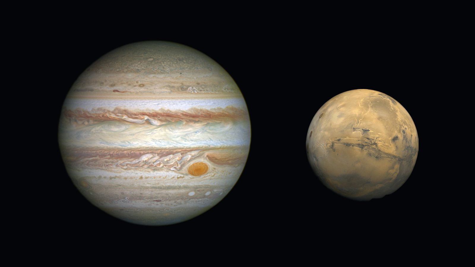 Fotografias reais de Júpiter, feita pelo telescópio Hubble, e de Marte, feita pela sonda Viking, lado a lado sobre fundo escuro